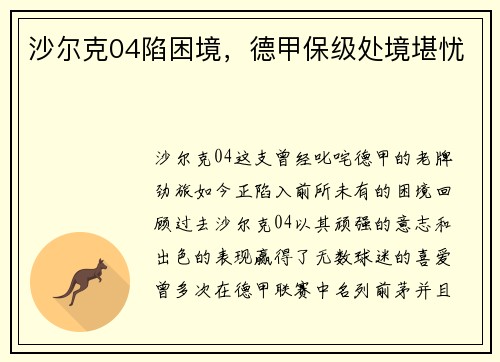 沙尔克04陷困境，德甲保级处境堪忧